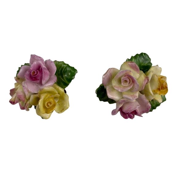 Coalport Hand-Painted Ceramic Clip Earrings & Brooch Multi-Color Floral Set - Picture 4 of 8